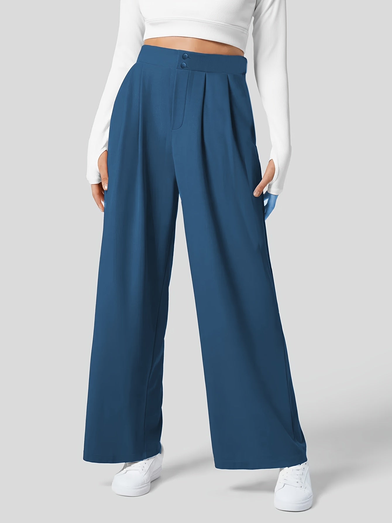 Solid Color Wide Leg Pants, Casual Pleated Loose Pants For Spring & Summer, Women's Clothing