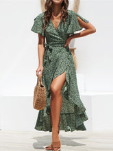 Tied Ruffled Printed Short Sleeve Midi Wrap Dress - MyEmpired