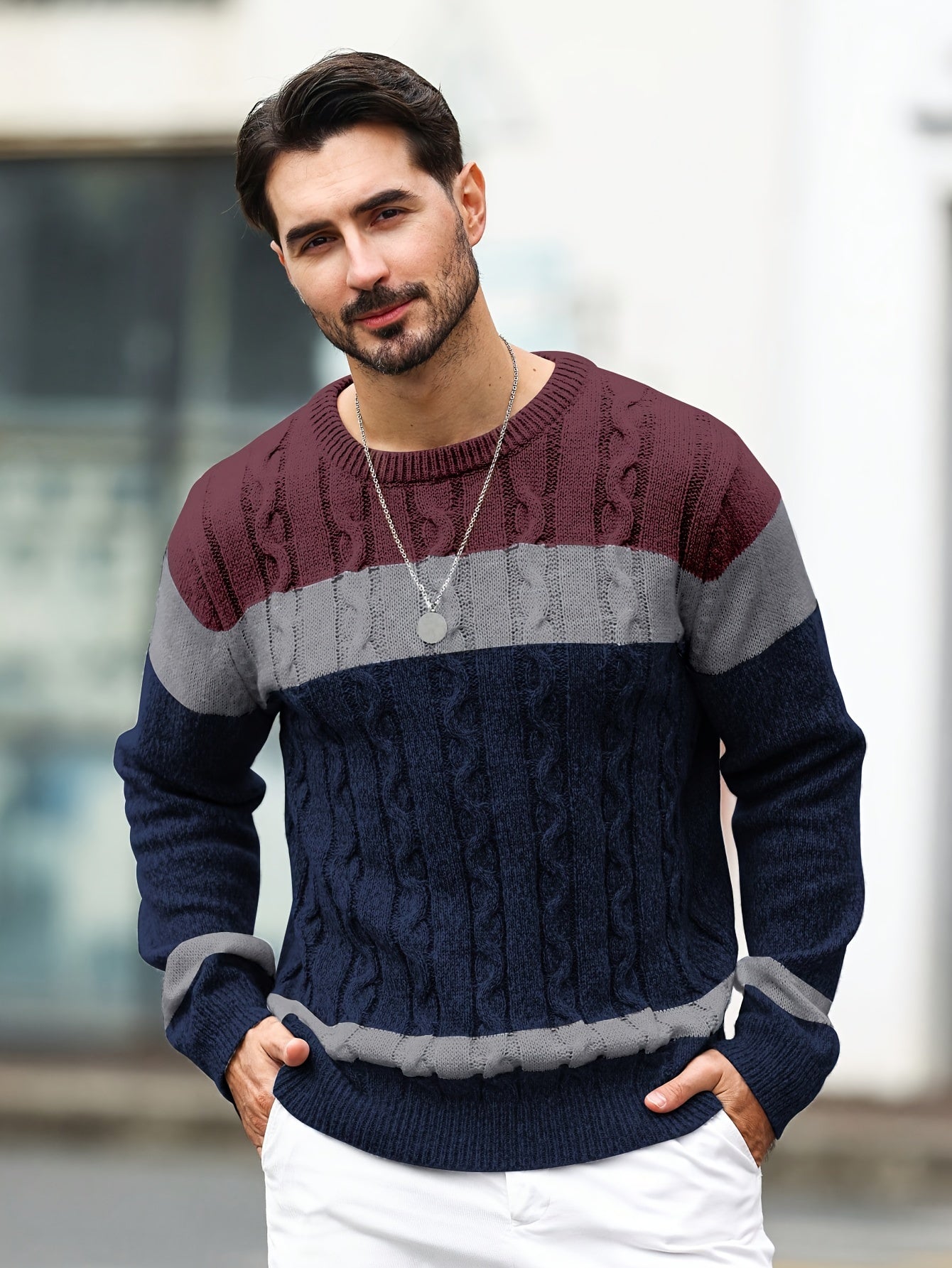 Men's Color Blocking Textured Knit Sweater For Autumn And Winter, Casual Business Trendy Pullover As Gift, Outdoor Cloth