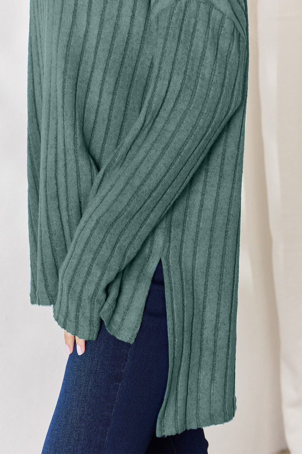 Basic Bae Full Size Ribbed Half Button Long Sleeve High-Low T-Shirt - MyEmpired