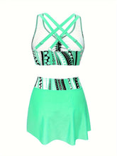 Polka Dot Print 3 Piece Set Tankini, V Neck Drawstring Front High Cut With Cover Up Skirt Swimsuits, Women&