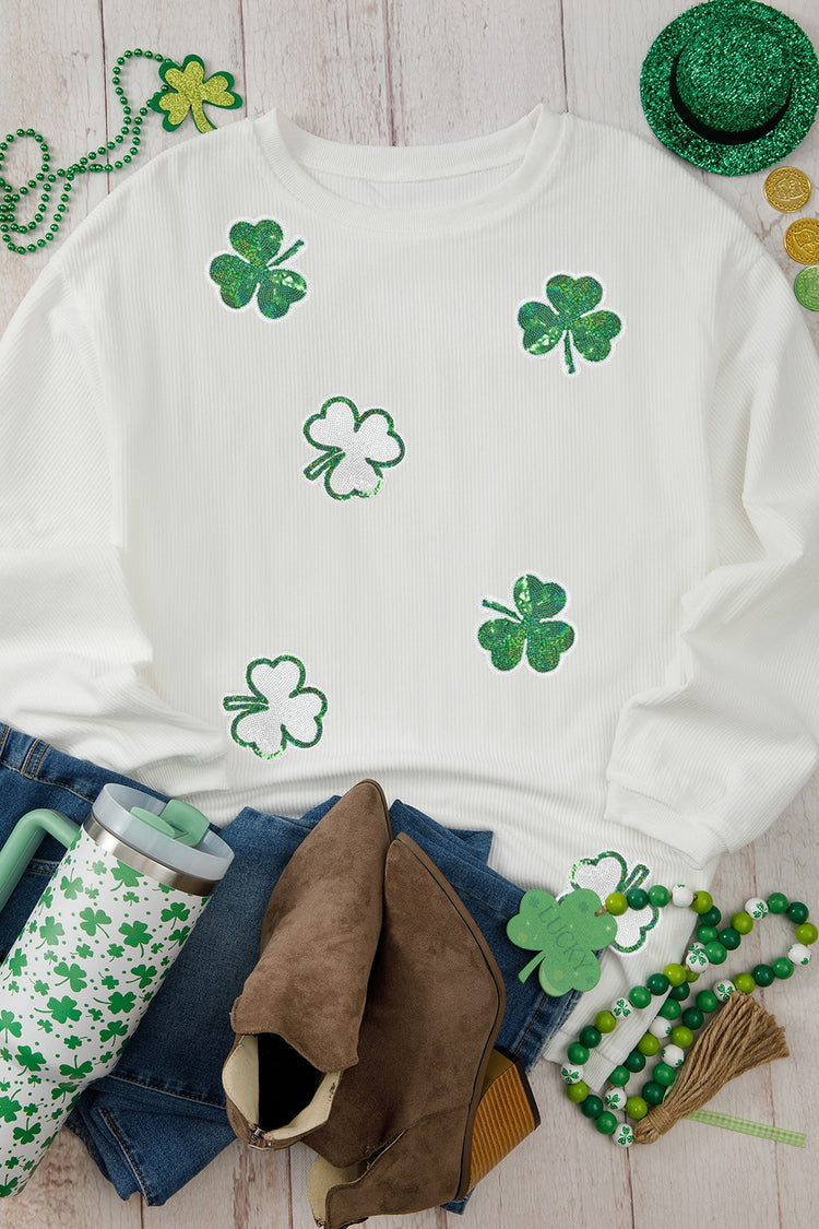 Sequin Lucky Clover Round Neck Long Sleeve Sweatshirt - MyEmpired