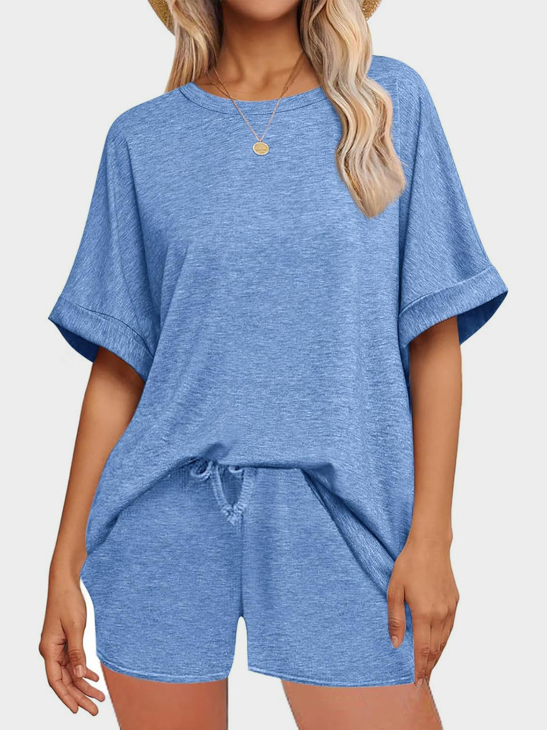 Round Neck T-Shirt and Drawstring Shorts Set - MyEmpired
