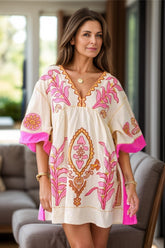 Printed V-Neck Three-Quarter Sleeve Mini Dress - MyEmpired