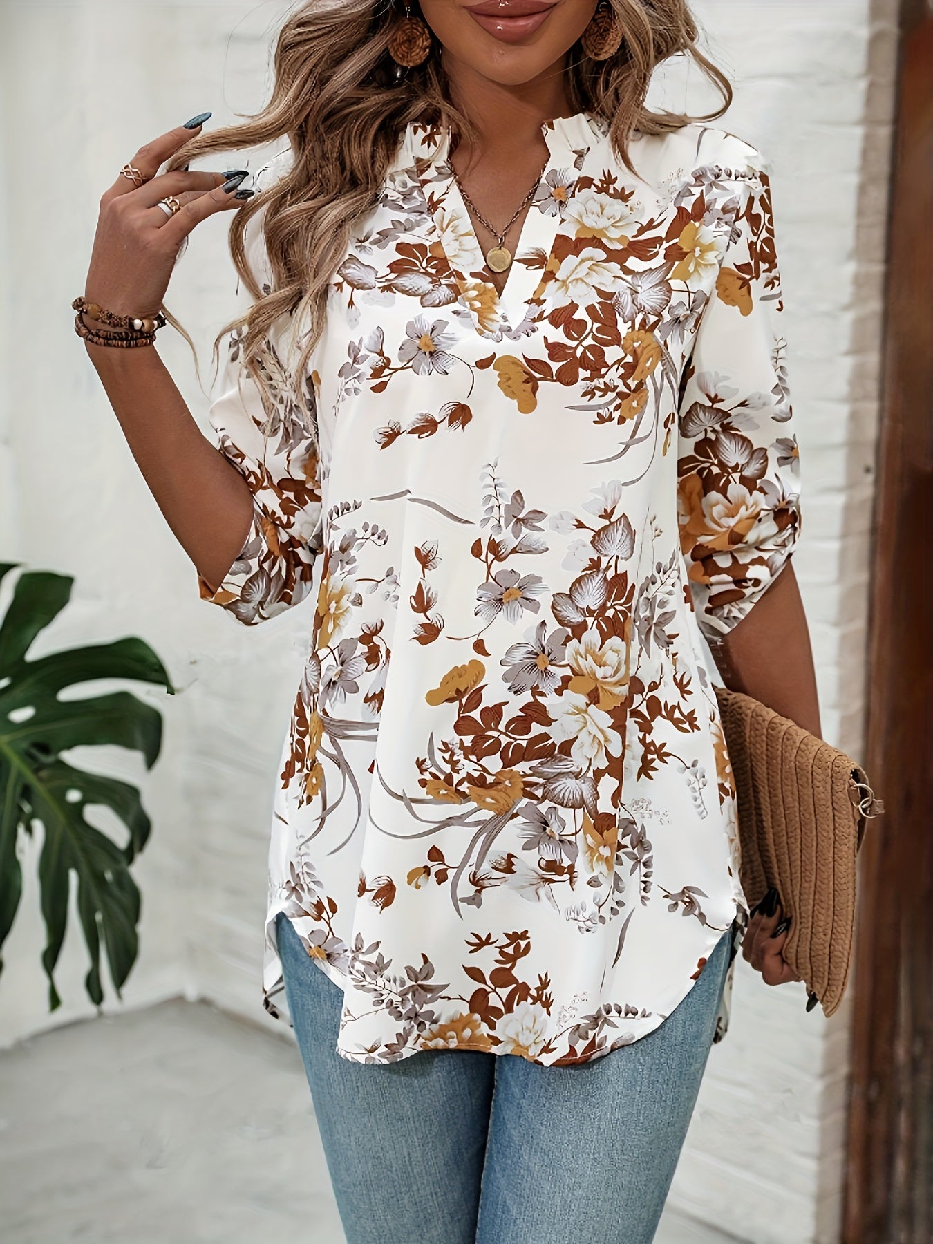 Elegant Floral Print Notched Collar Blouse