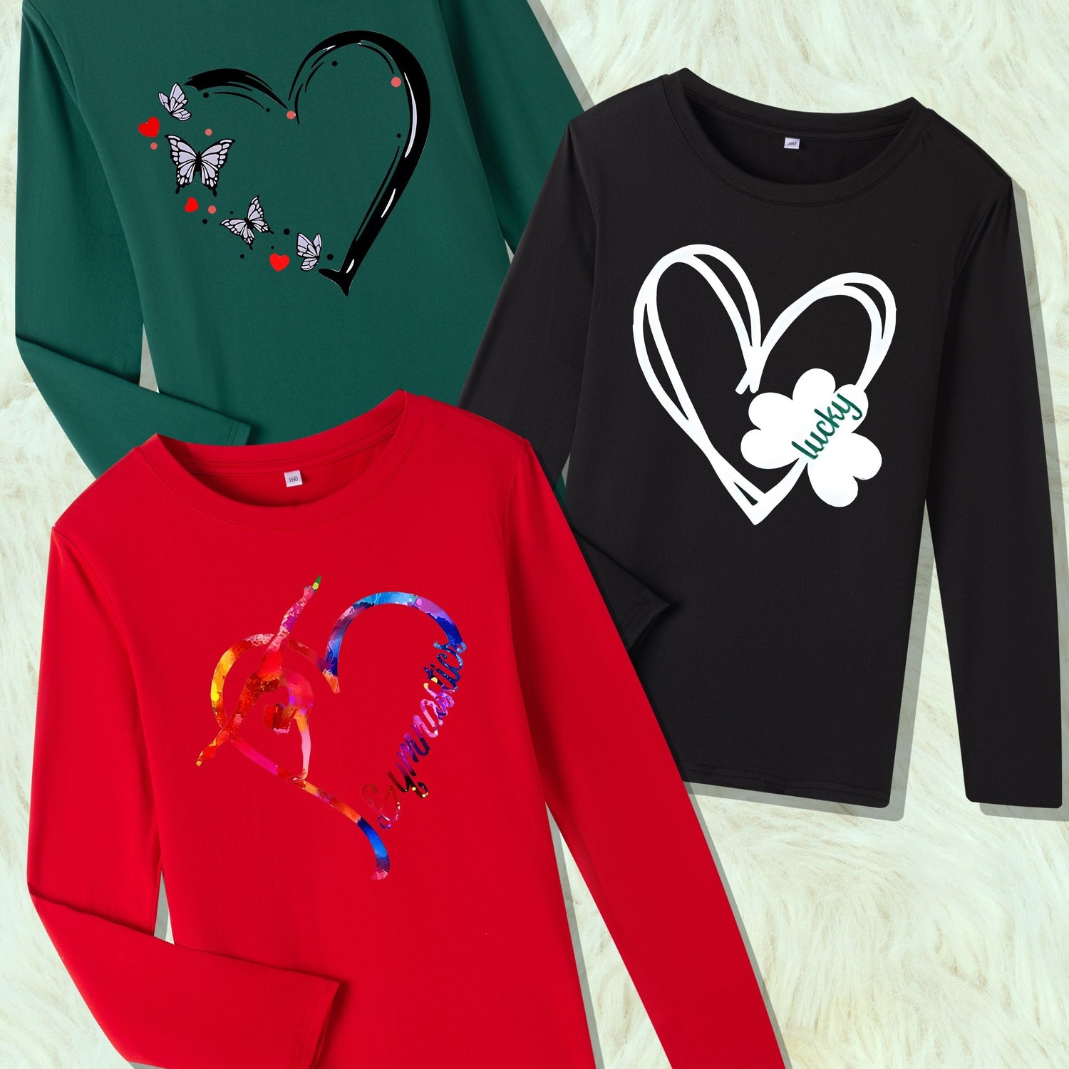 Heart Graphic Print 3pcs Crew Neck Long Sleeve T-shirts, Girls&