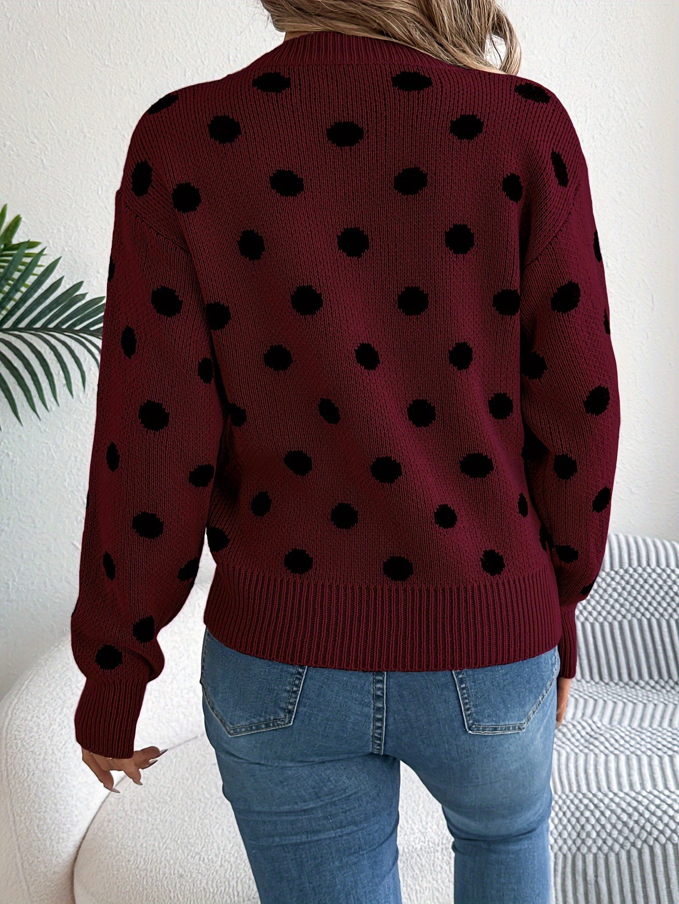 Women's Autumn Winter Knit Long Sleeve Crew Neck Sweater With Dot Pattern, Soft Acrylic Fabric, Elegant Casual Wear