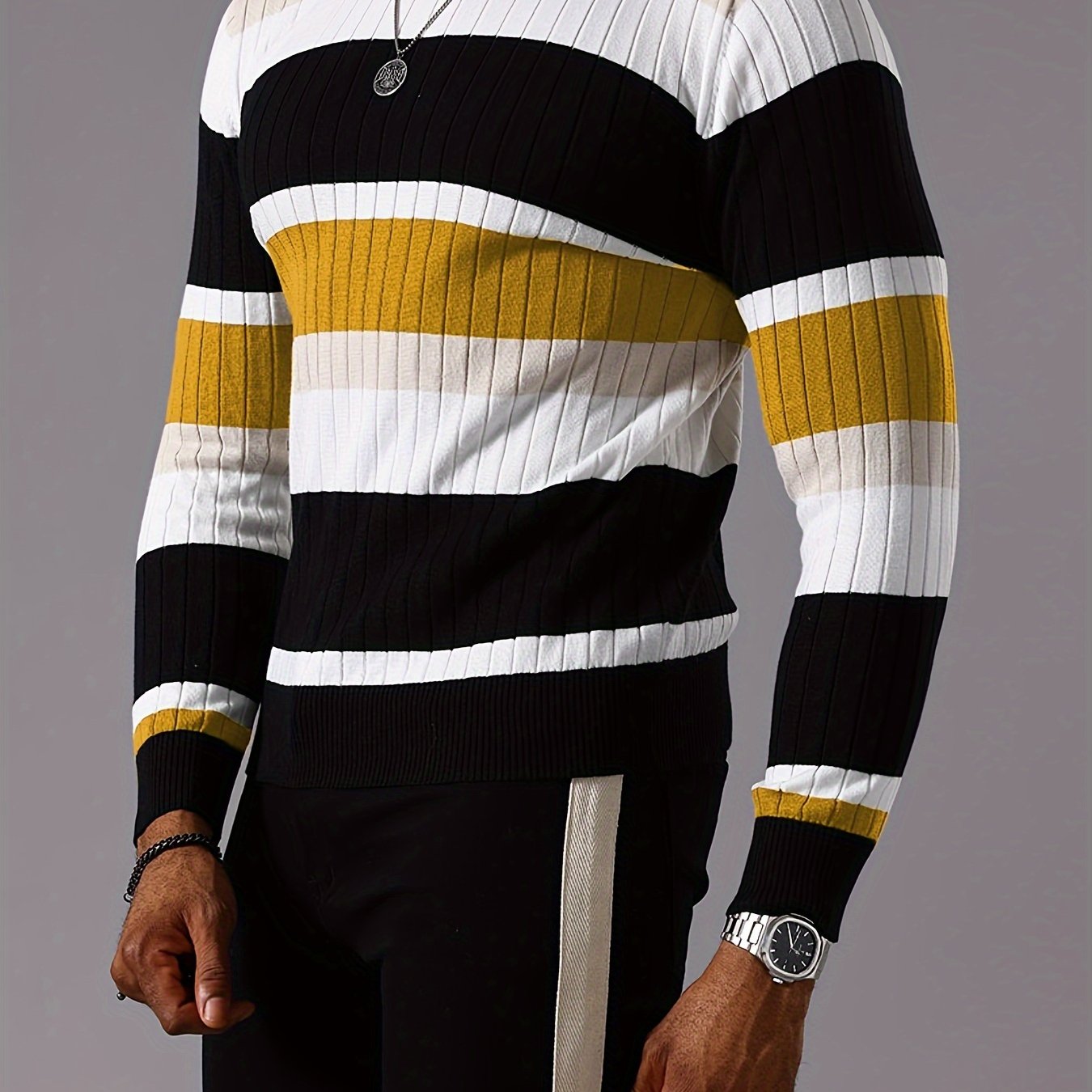 Men's Casual Striped Color Block Long Sleeve Knit Pullover - Round Neck, Machine Washable, Striped, Round Neck, Long Sleeve, Knit Sweater