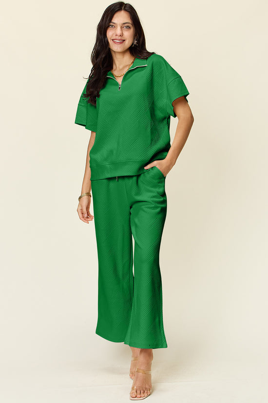 Double Take Full Size Texture Half Zip Short Sleeve Top and Pants Set - MyEmpired