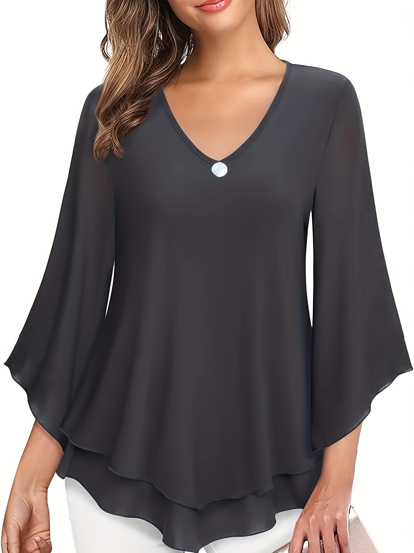 Solid Color V-neck Blouse, Casual Flare Sleeve Layered Hem Top For Spring & Fall, Women's Clothing