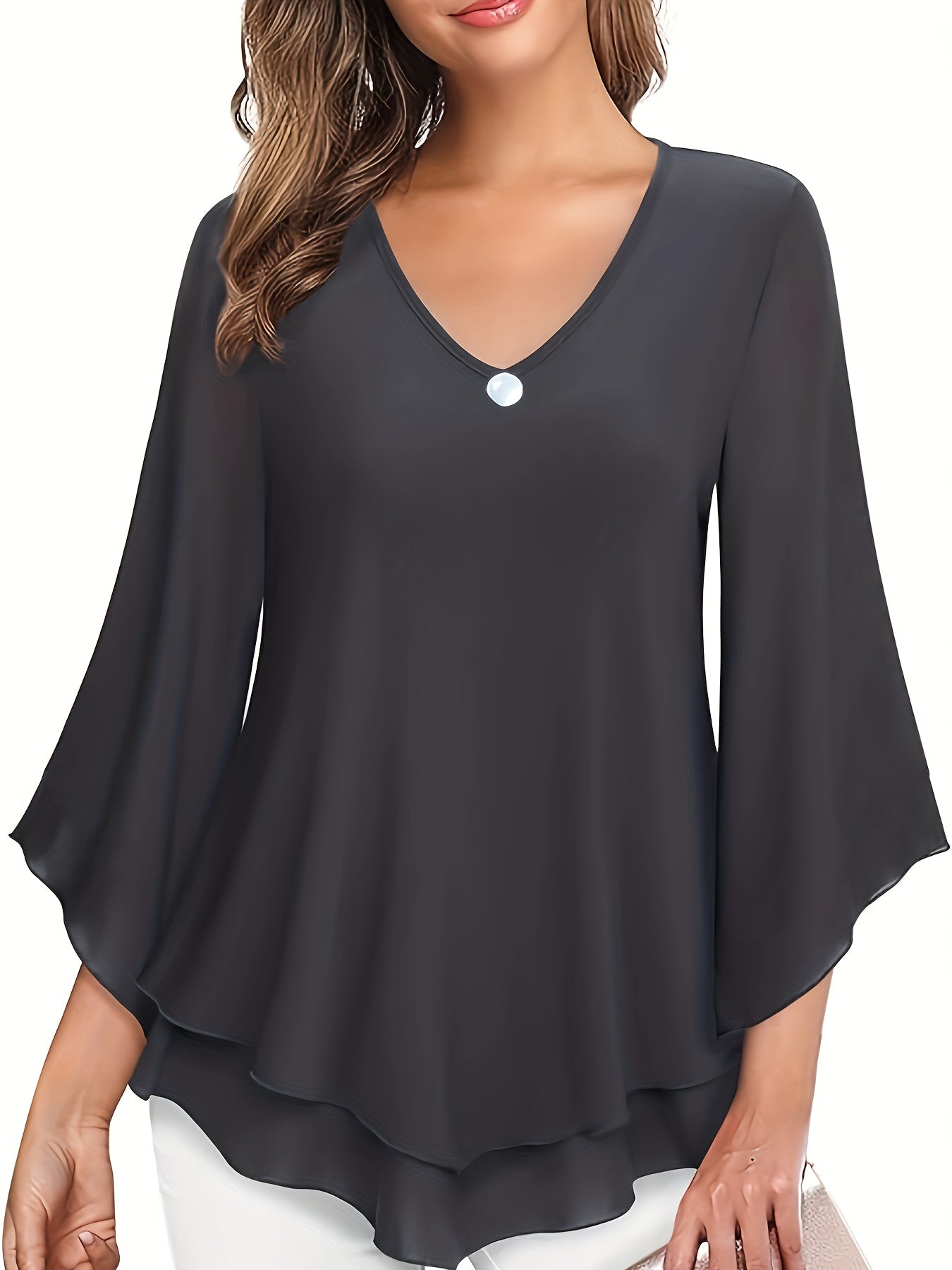 Solid Color V-neck Blouse, Casual Flare Sleeve Layered Hem Top For Spring & Fall, Women&