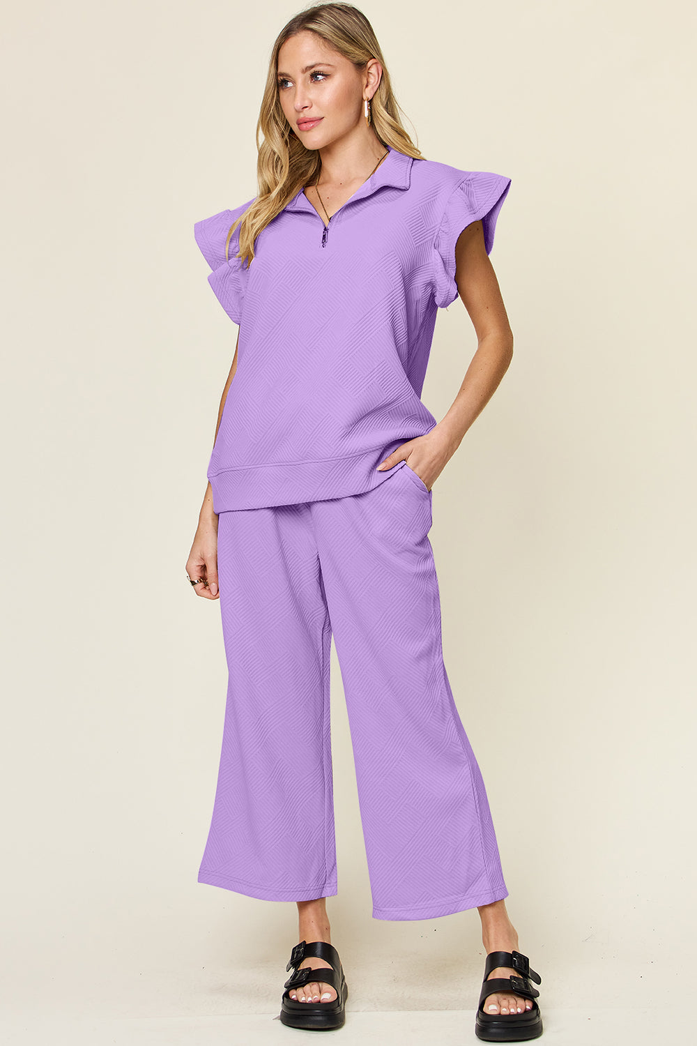 Double Take Texture Ruffle Short Sleeve Top and Drawstring Wide Leg Pants Set - MyEmpired