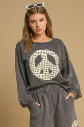 Umgee Full Size Peace Lace Applique Mineral Wash Sweatshirt Plus Size - MyEmpired
