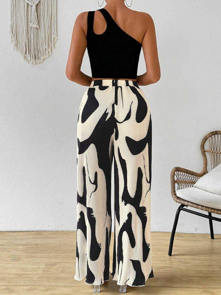 Cutout One Shoulder Top and Printed Pants Set - MyEmpired