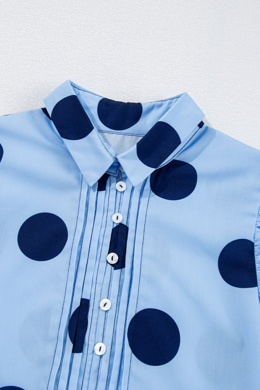 Polka Dot Print Ruffled Short Sleeve Buttoned Collared Blouse - MyEmpired