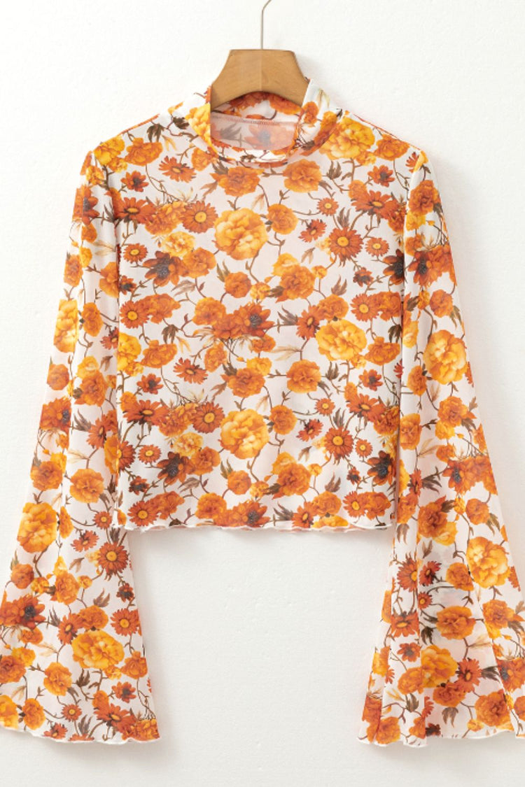 Printed Mock Neck Flare Sleeve Top - MyEmpired