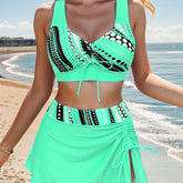 Polka Dot Print 3 Piece Set Tankini, V Neck Drawstring Front High Cut With Cover Up Skirt Swimsuits, Women&
