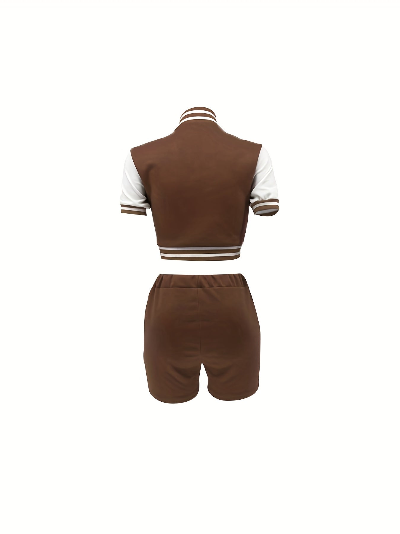 Letter Print Matching Two-piece Set, Color Block Jacket & Elastic Shorts Outfits, Women&