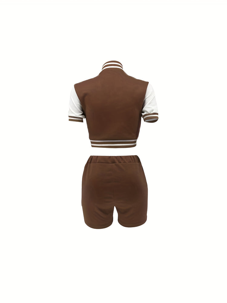 Letter Print Matching Two-piece Set, Color Block Jacket & Elastic Shorts Outfits, Women&