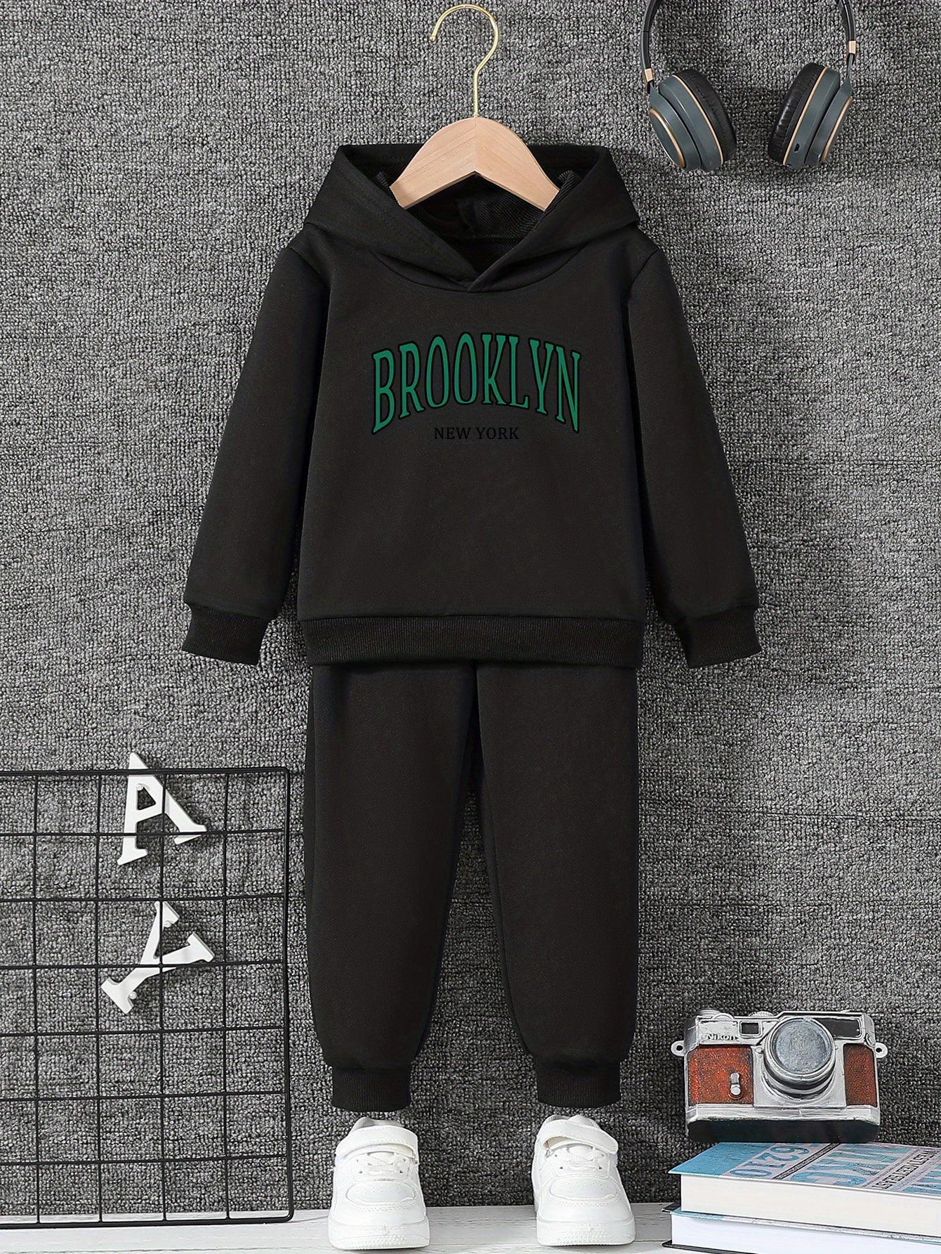 Girls' Brooklyn New York Hoodie Set, 2024 Trendy Letter Print, Casual Sports Fashion, Comfortable Stretch Polyester, Regular Fit, Autumn/Winter Collection, for Outdoor