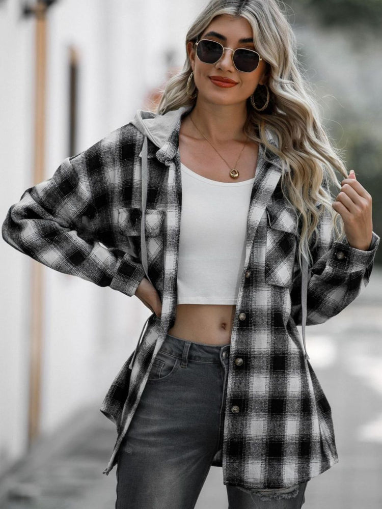 Double Take Drawstring Plaid Long Sleeve Hooded Shacket - MyEmpired