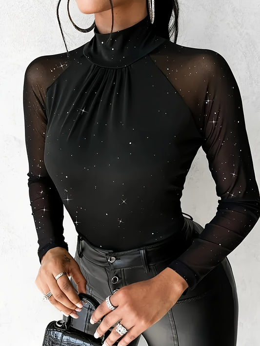 Elegant Starry Sky Sequin Embellished High Neck Sheer Mesh,Skinny Fit Long Sleeve Knit Polyester Top - All Season Elegant Collection