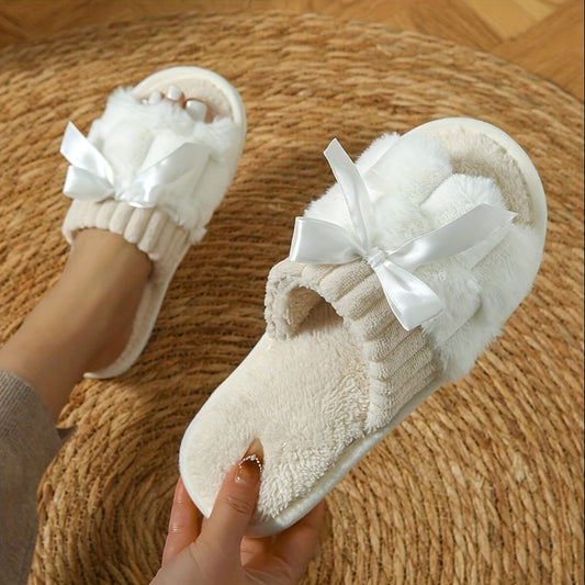 Soothing Softness, Cozy Women's Plush Slippers with Bowknot - Soft, Open Toe Home Shoes for Bedroom or Floor, Easy Slip-On Design