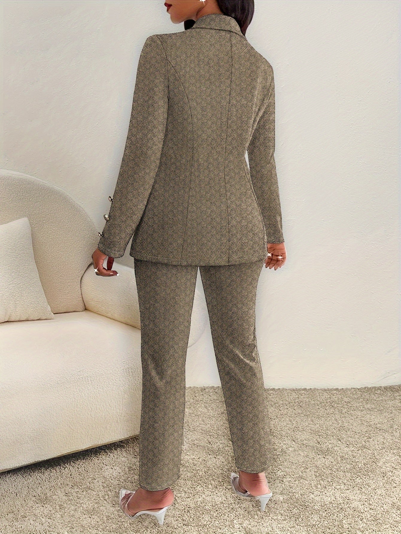 Elegant Women's Knit Blazer & Slim-Fit Pants Set - Chic Houndstooth Pattern, Button Detail, Machine Washable