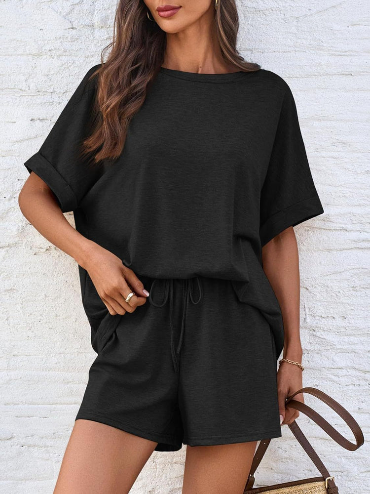 Round Neck T-Shirt and Drawstring Shorts Set - MyEmpired