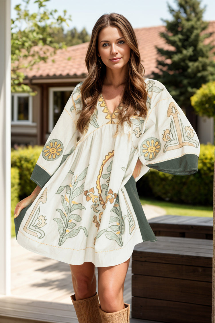 Printed V-Neck Three-Quarter Sleeve Mini Dress - MyEmpired