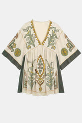 Printed V-Neck Three-Quarter Sleeve Mini Dress - MyEmpired