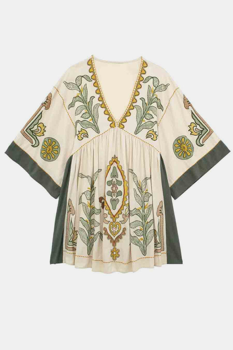 Printed V-Neck Three-Quarter Sleeve Mini Dress - MyEmpired