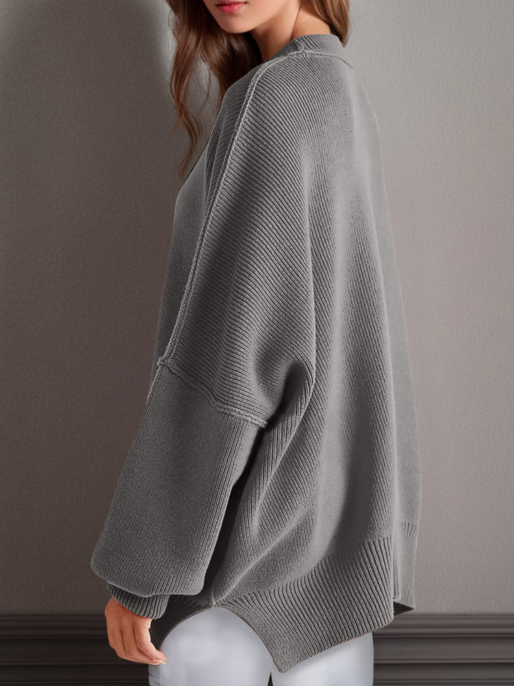 Double Take Side Slit Round Neck Long Sleeve Sweater - MyEmpired