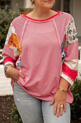 Plus Size Exposed Seam Printed Striped Round Neck Sweatshirt - MyEmpired