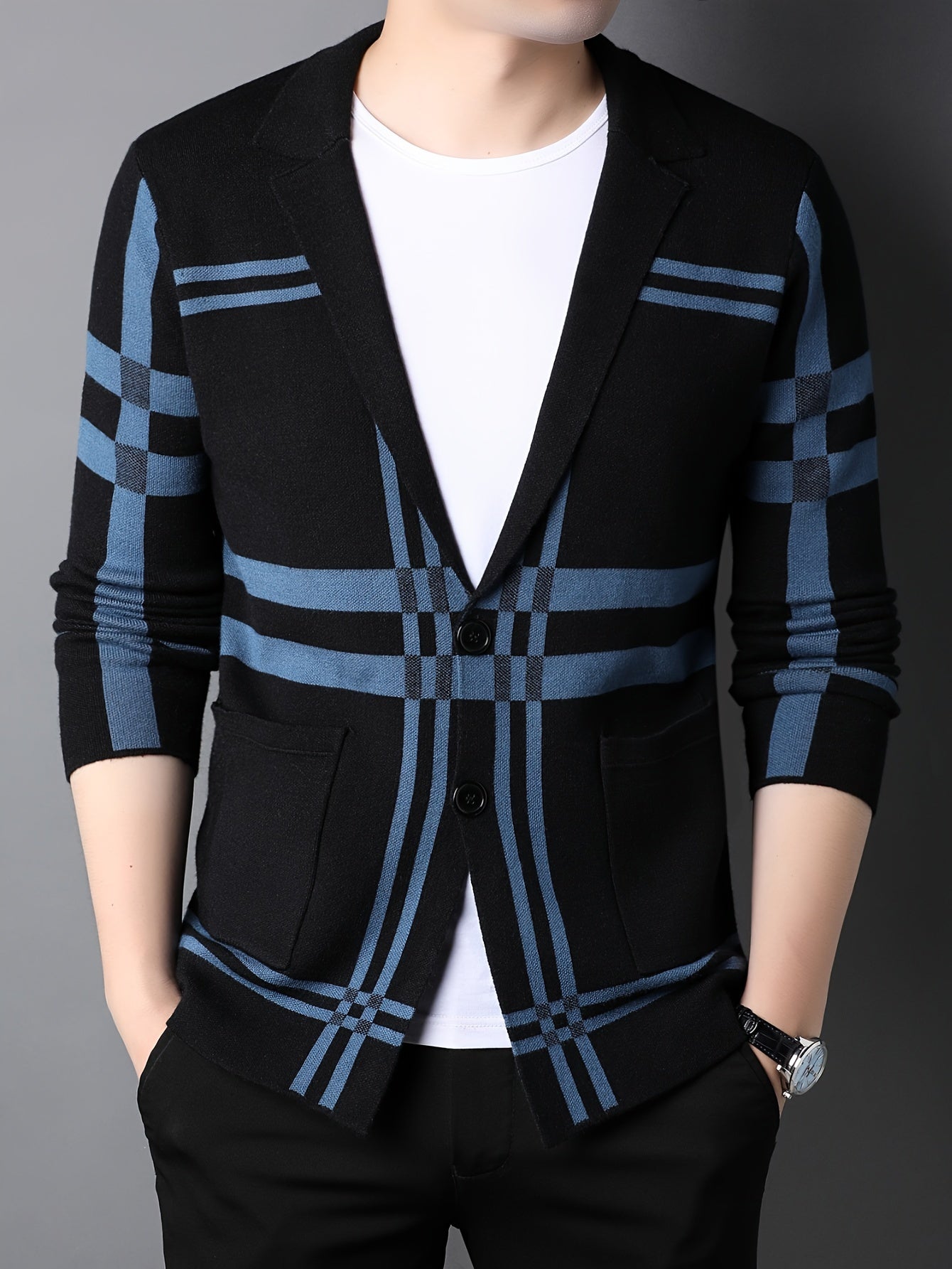 Men's Striped Knit Cardigan - Casual & Business-Ready, Button-Up with Lapel Collar for Fall/Winter, for Autumn, Spring