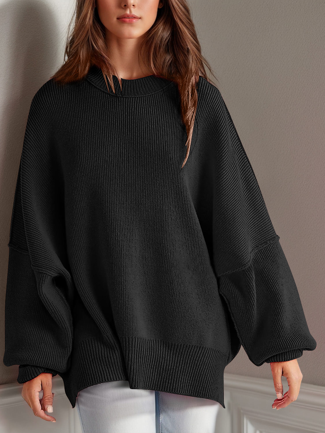 Double Take Side Slit Round Neck Long Sleeve Sweater - MyEmpired
