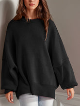 Double Take Side Slit Round Neck Long Sleeve Sweater - MyEmpired