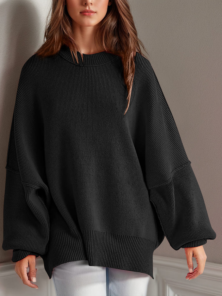 Double Take Side Slit Round Neck Long Sleeve Sweater - MyEmpired