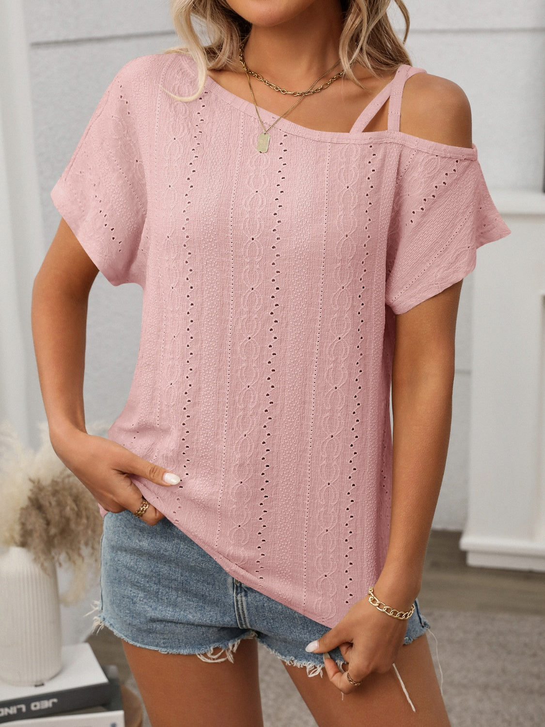 Eyelet Asymmetrical Shoulder Short Sleeve T-Shirt - MyEmpired