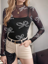 Printed Mock Neck Long Sleeve Mesh T-Shirt - MyEmpired