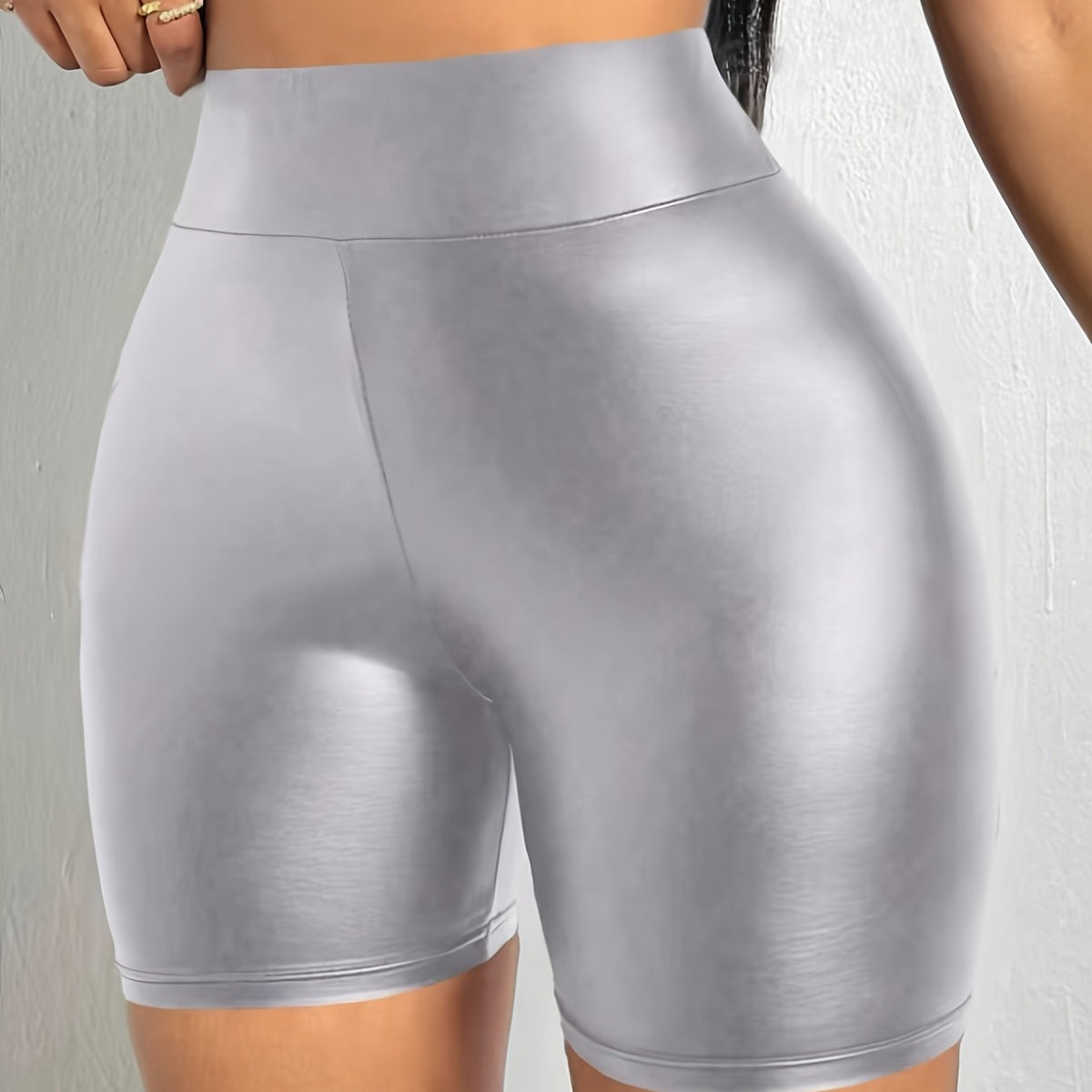 Faux Leather Solid Color Skinny Shorts, Elegant High Waist Shorts For Spring & Summer, Women&