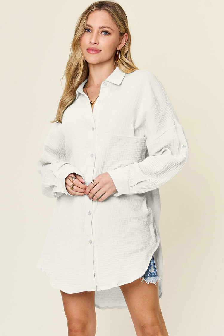 Double Take Full Size Pocketed Texture Button Up Shirt - MyEmpired