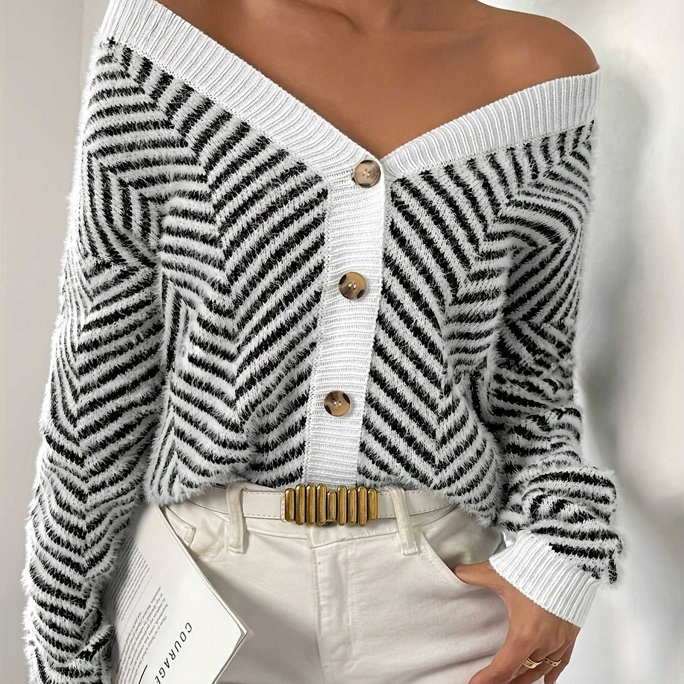 Elegant Geometric Pattern V-Neck Cardigan - Button Front, Long Sleeve Knit Sweater for Women, Perfect for Fall & Winter - MyEmpired