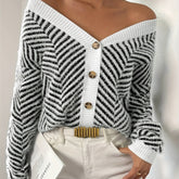 Elegant Geometric Pattern V-Neck Cardigan - Button Front, Long Sleeve Knit Sweater for Women, Perfect for Fall & Winter - MyEmpired