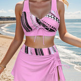 Polka Dot Print 3 Piece Set Tankini, V Neck Drawstring Front High Cut With Cover Up Skirt Swimsuits, Women&