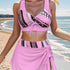 Polka Dot Print 3 Piece Set Tankini, V Neck Drawstring Front High Cut With Cover Up Skirt Swimsuits, Women&