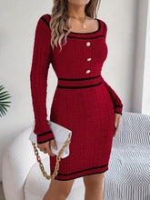 Elegant Striped Knit Bodycon Dress with Button Detail - Square Neck, Long Sleeve, Perfect for Fall & Winter - Women&