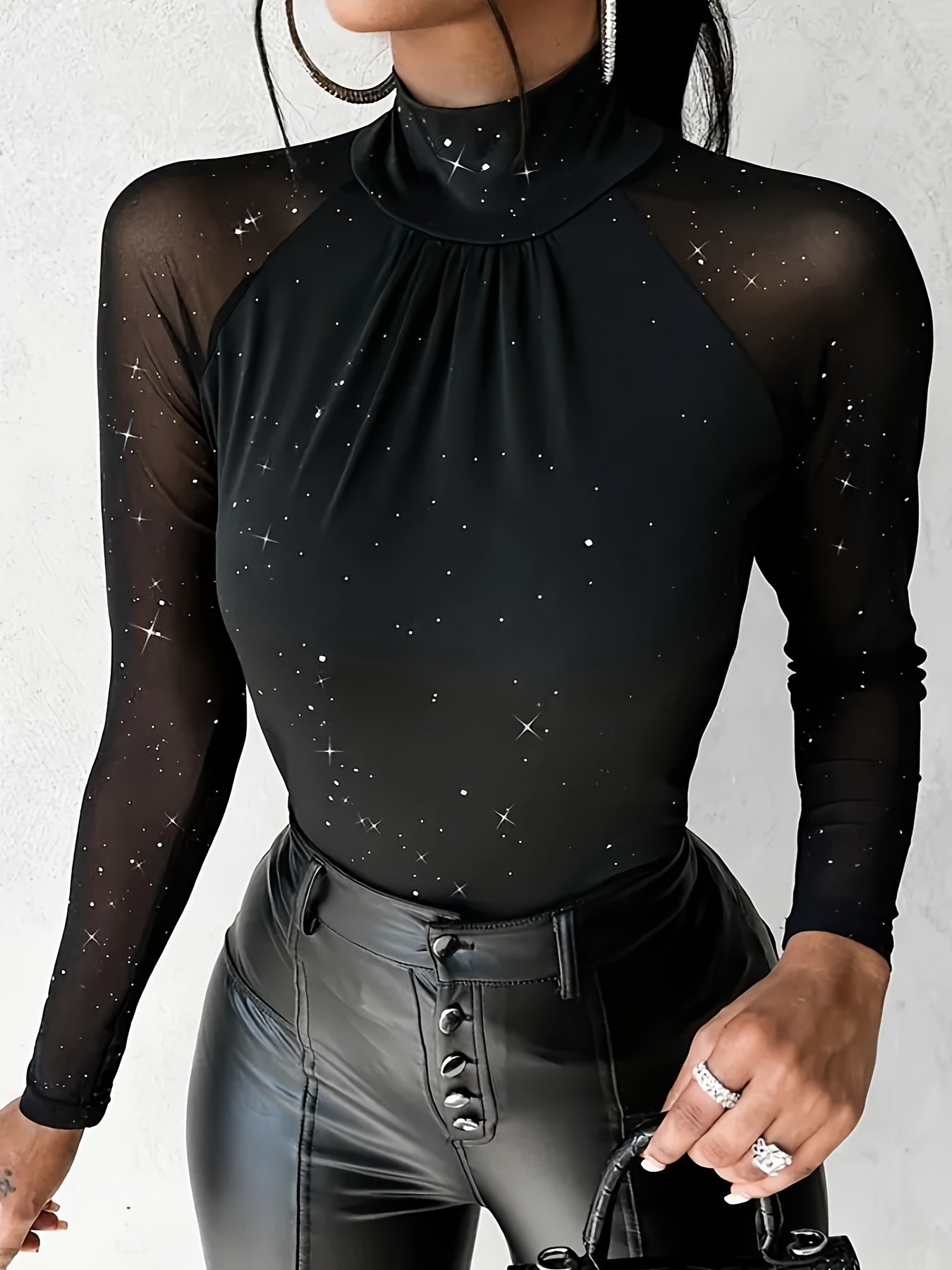 Elegant Starry Sky Sequin Embellished High Neck Sheer Mesh,Skinny Fit Long Sleeve Knit Polyester Top - All Season Elegant Collection