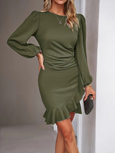 Ruched Ruffle Wrap Bodycon Dress, Elegant Crew Neck Long Sleeve Dress For Spring & Fall, Women&