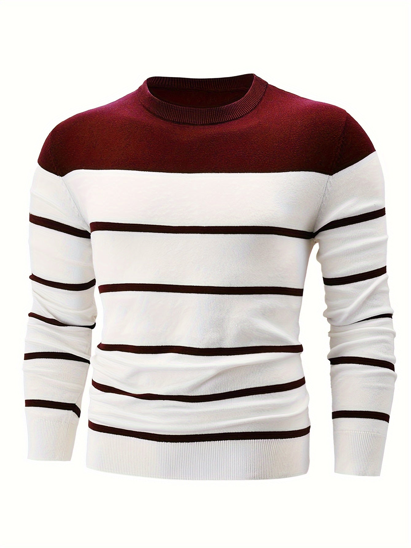 Men's Casual Striped Crew Neck Sweater - 100% Cotton Knit Fabric, Long Sleeve, Regular Fit Pullover with Medium Stretch